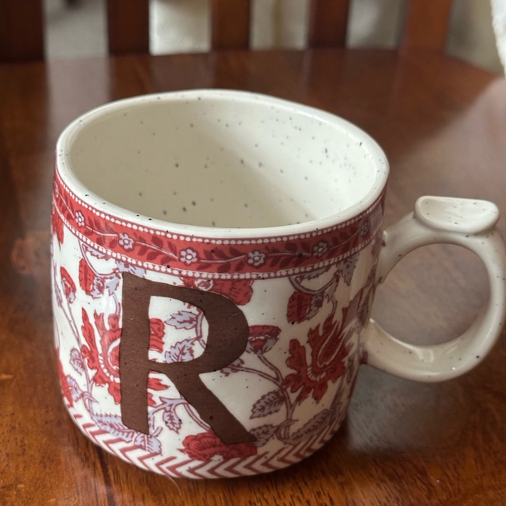 Anthropologie Anthro Monogram Mug “R” Red Floral Initial Stoneware Coffee Cup